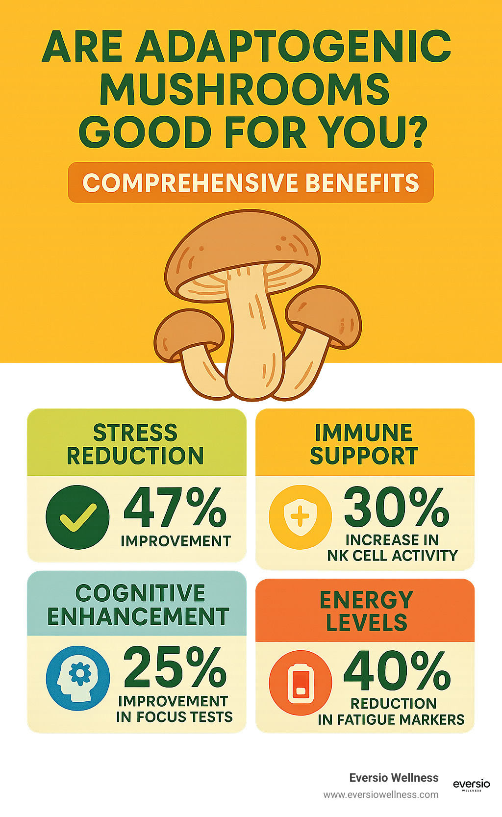 Statistics showing the comprehensive benefits of adaptogenic mushrooms: stress reduction (47% improvement), immune support (30% increase in NK cell activity), cognitive improvement (25% improvement in focus tests), and energy levels (40% reduction in fatigue markers) - are adaptogenic mushrooms good for you infographic 