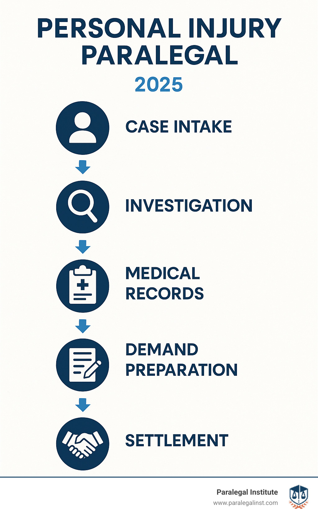 Infographic showing a comprehensive personal injury paralegal checklist with sections for case intake, investigation, medical records, demand preparation, litigation, and settlement, with checkboxes and timelines for each phase - personal injury paralegal infographic  Infographic showing a comprehensive personal injury paralegal checklist with sections for case intake, investigation, medical records, demand preparation, litigation, and settlement, with checkboxes and timelines for each phase - personal injury paralegal infographic