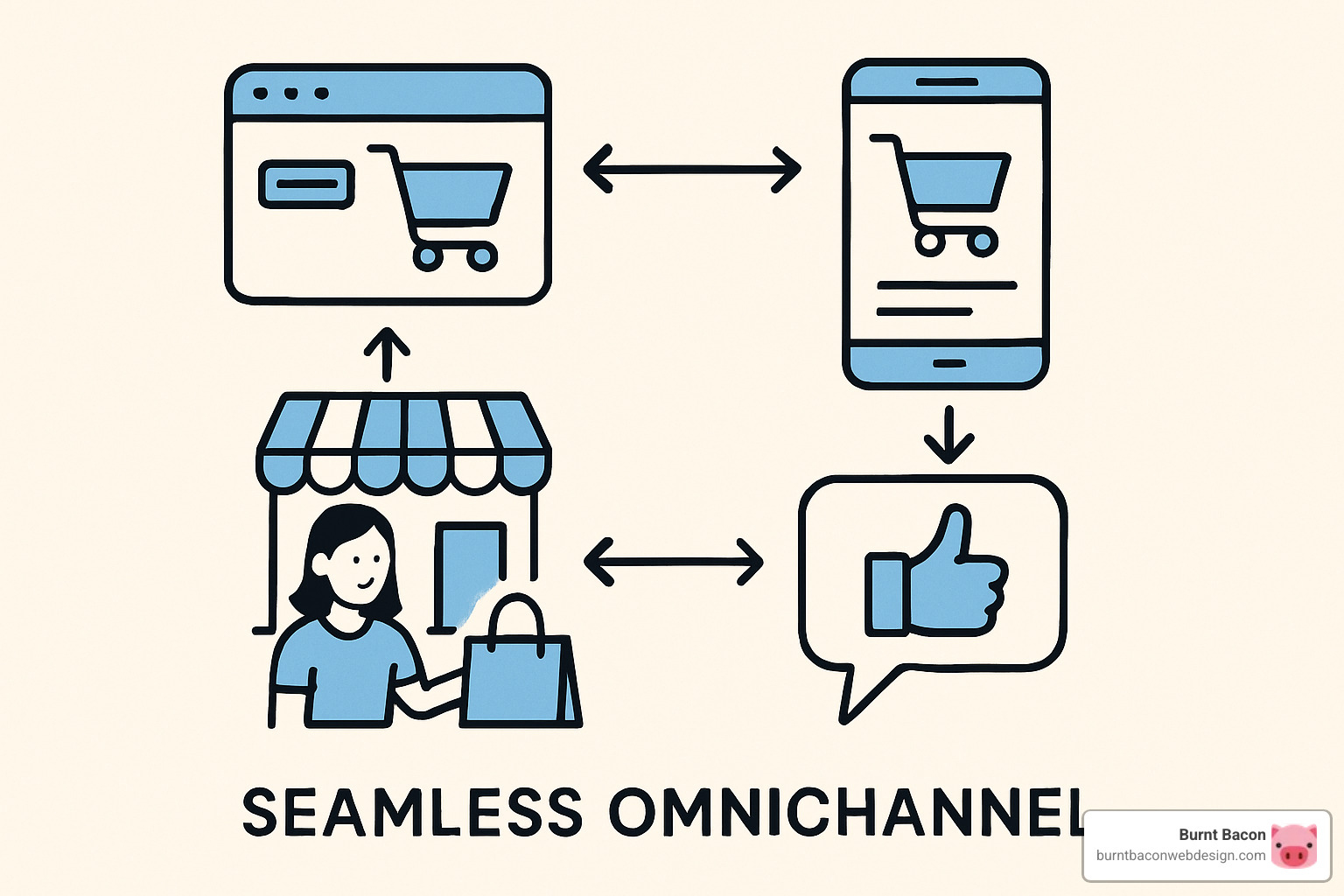 Illustration of a seamless omnichannel customer journey across web, mobile, social, and in-store touchpoints - shopify plus development services Illustration of a seamless omnichannel customer journey across web, mobile, social, and in-store touchpoints - shopify plus development services