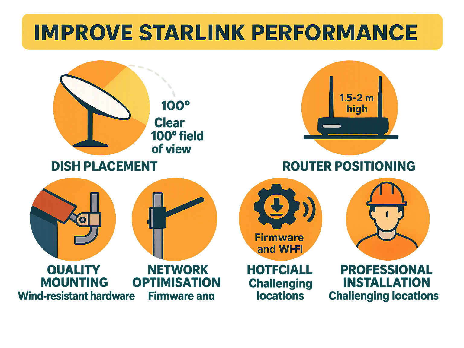 Comprehensive infographic showing key factors affecting Starlink performance: optimal dish placement with 100-degree field of view, router positioning at 1.5-2 metres height, quality mounting hardware for wind resistance, network configuration including firmware updates and Wi-Fi band splitting, and professional installation considerations for remote Australian conditions - Improve Starlink performance infographic 