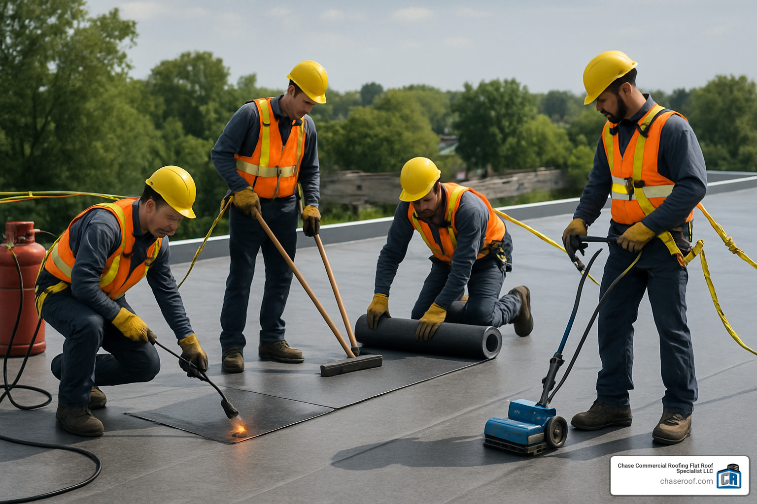professional roofing crew using safety harnesses and proper equipment - flat roof repair price