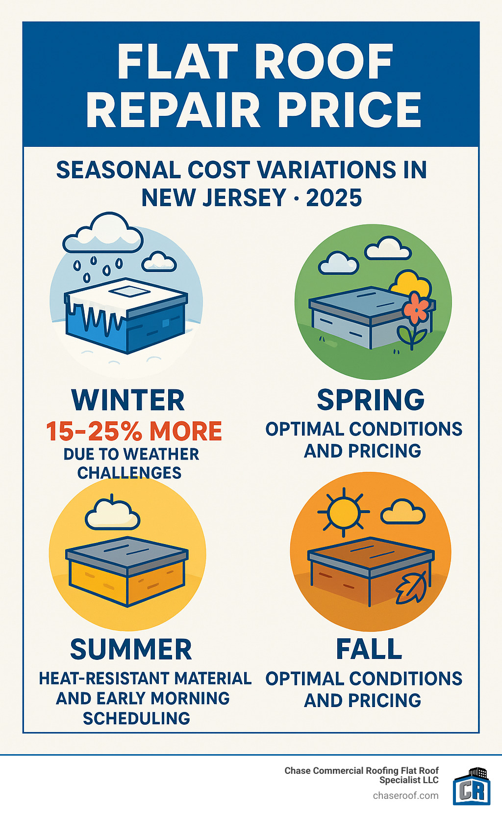 Infographic showing seasonal flat roof repair cost variations in New Jersey, with winter repairs costing 15-25% more due to weather challenges, spring and fall offering optimal conditions and pricing, and summer repairs requiring heat-resistant materials and early morning scheduling - flat roof repair price infographic