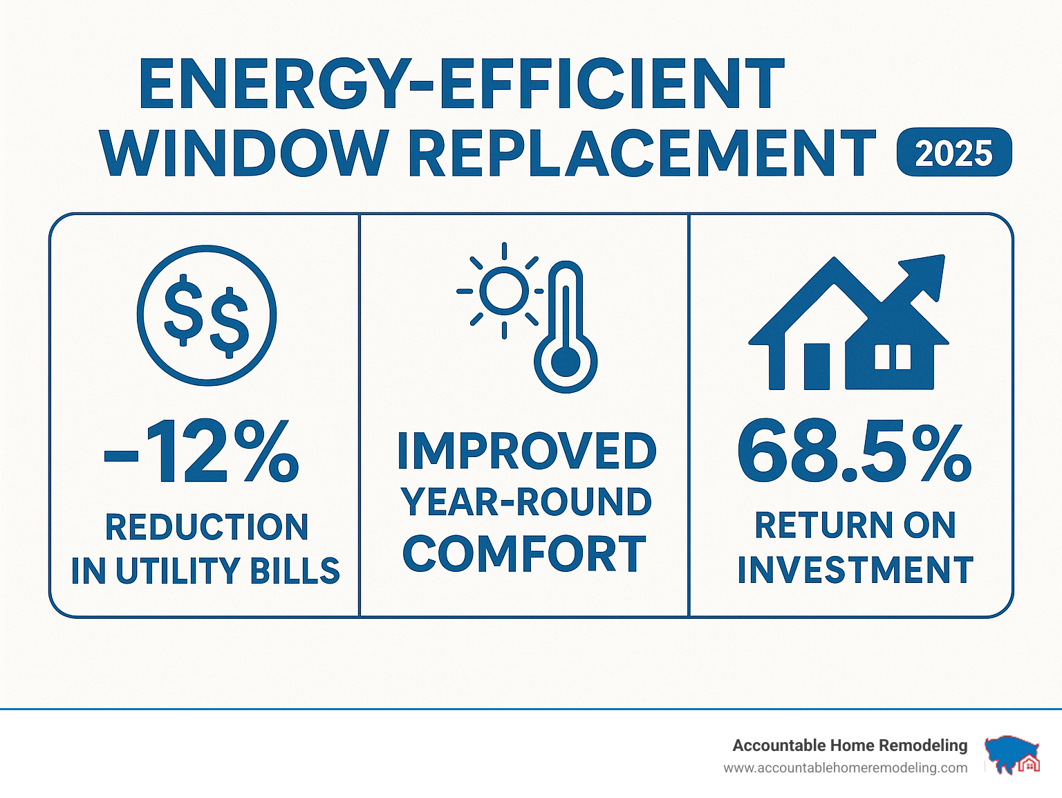 Infographic showing the top 3 benefits of energy-efficient window replacement: 12% reduction in utility bills with dollar signs, improved year-round comfort with temperature gauge, and 68.5% return on investment with upward trending arrow and house icon - Energy-efficient window replacement infographic 