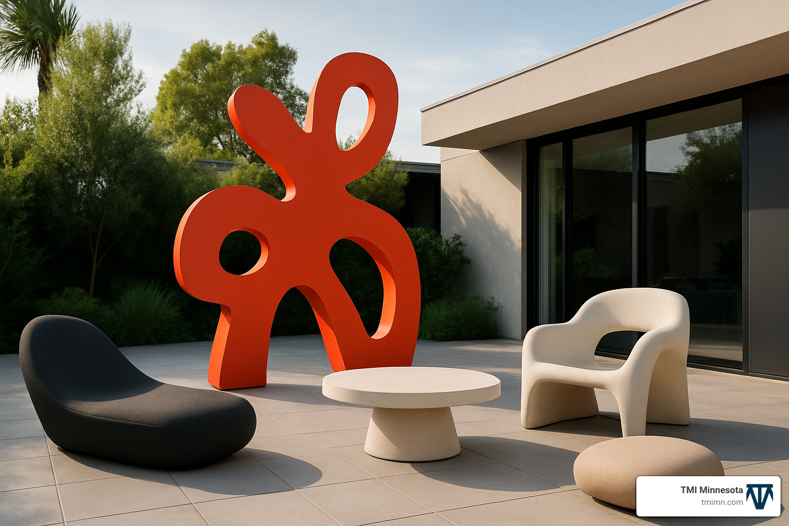 modern patio with bold abstract sculpture and uniquely shaped furniture - modern outdoor patio design