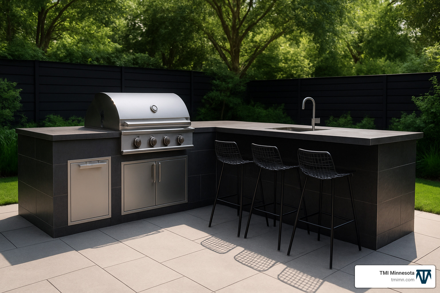 sleek outdoor kitchen with built-in grill and bar seating - modern outdoor patio design