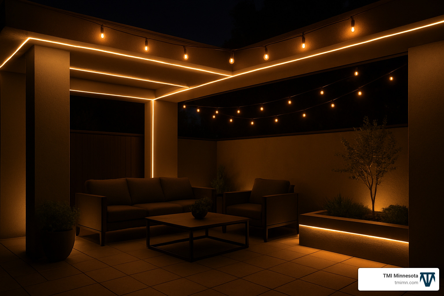 modern patio at night with integrated LED strip lighting and string lights - modern outdoor patio design
