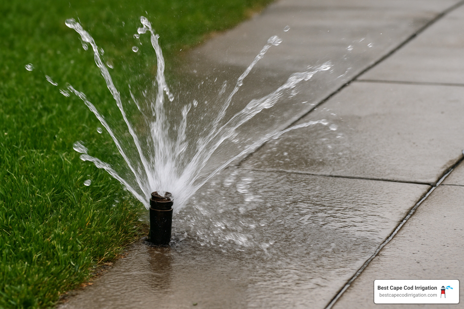 Broken sprinkler head spraying water erratically onto a sidewalk - Irrigation repair Cape Cod