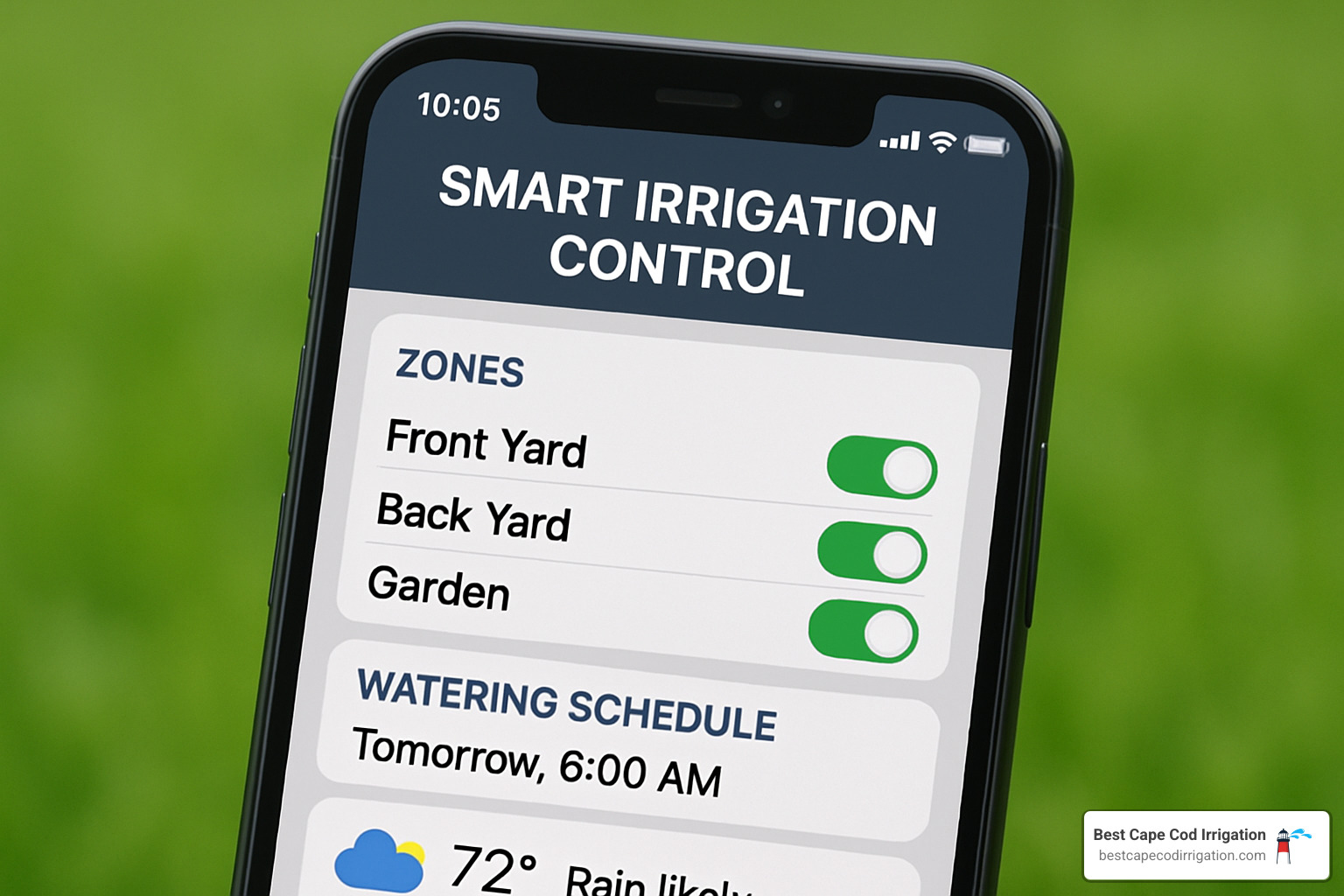 Smartphone screen showing a smart irrigation control app - Irrigation repair Cape Cod