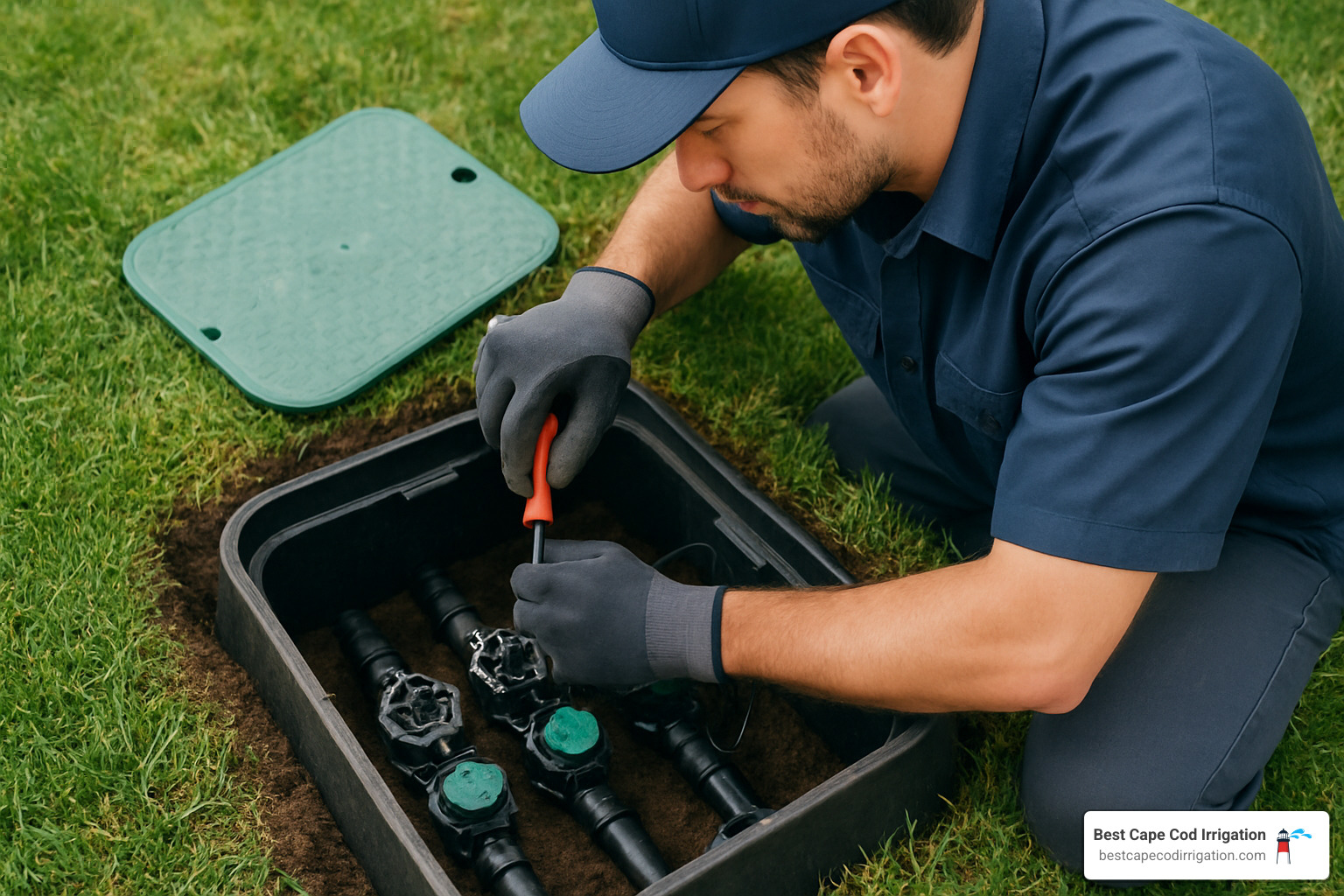 Technician professionally repairing an underground irrigation valve box - Irrigation repair Cape Cod