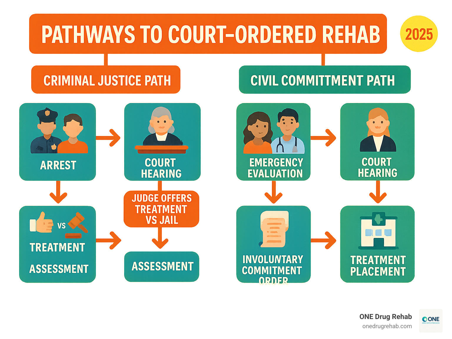 Infographic showing two pathways to court-ordered rehab: Criminal Justice Path (arrest, court hearing, judge offers treatment vs jail, assessment, treatment placement) and Civil Commitment Path (family petition, emergency evaluation, court hearing, involuntary commitment order, treatment placement) - court ordered inpatient rehab infographic 