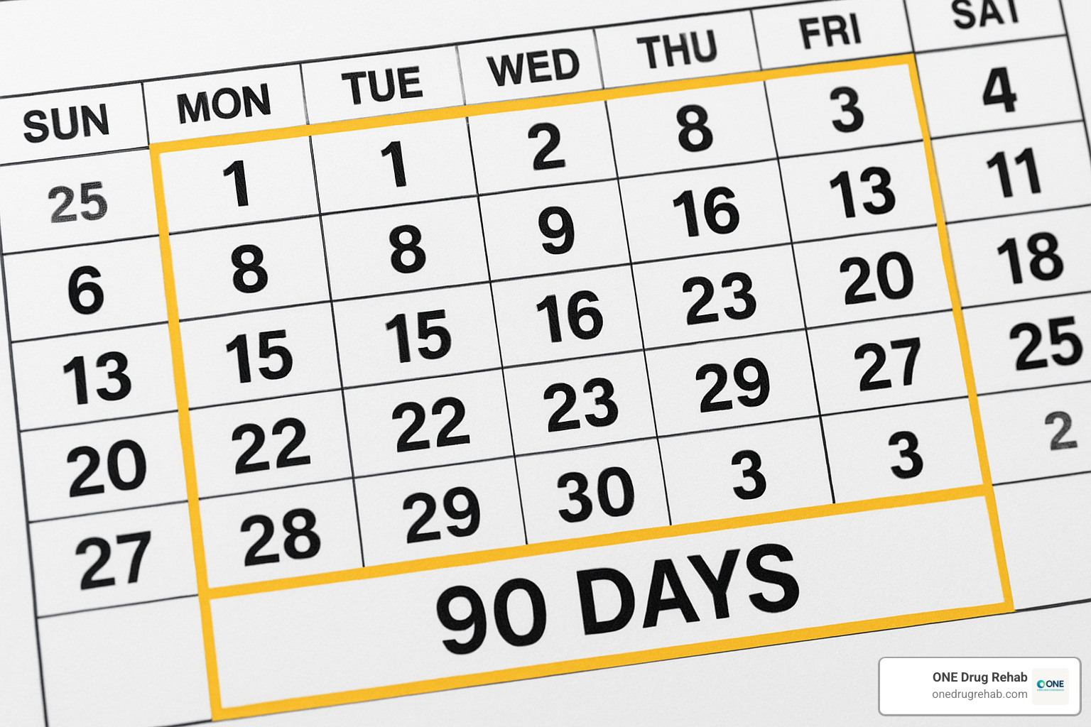 calendar with a 90-day period highlighted - court ordered inpatient rehab