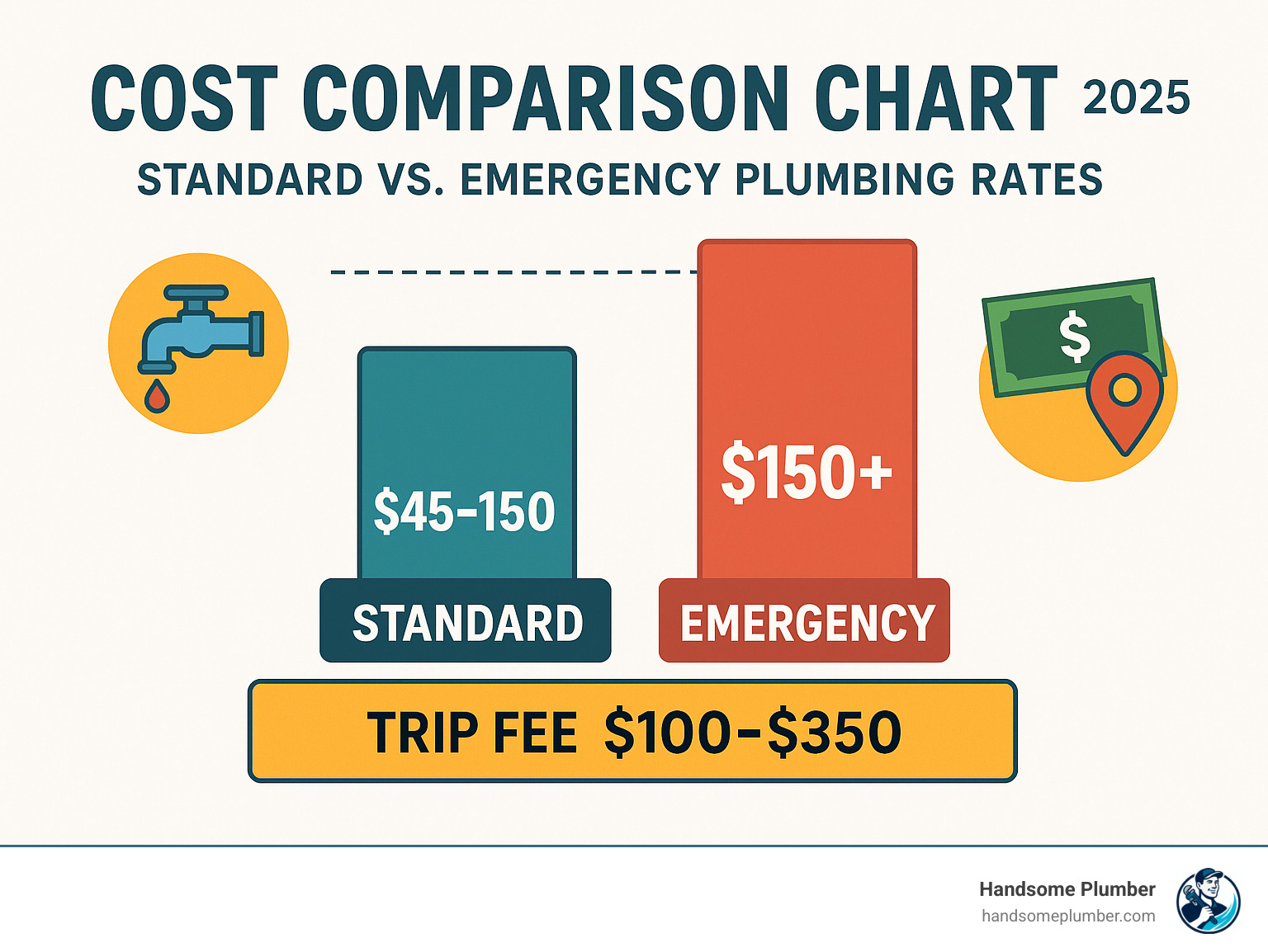 Cost comparison chart showing standard vs emergency plumbing rates - plumber near me same day infographic 