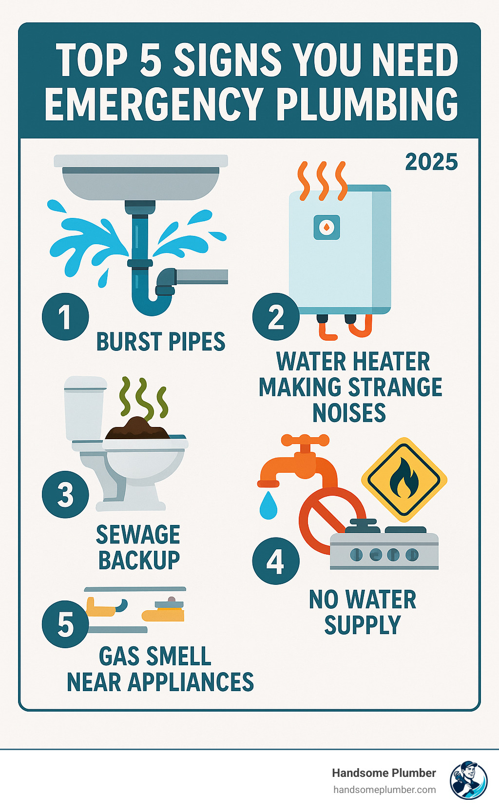 Infographic showing the top 5 signs you need emergency plumbing: burst pipes with water spraying, water heater making strange noises, sewage backup, no water supply, and gas smell near appliances - plumber near me same day infographic 