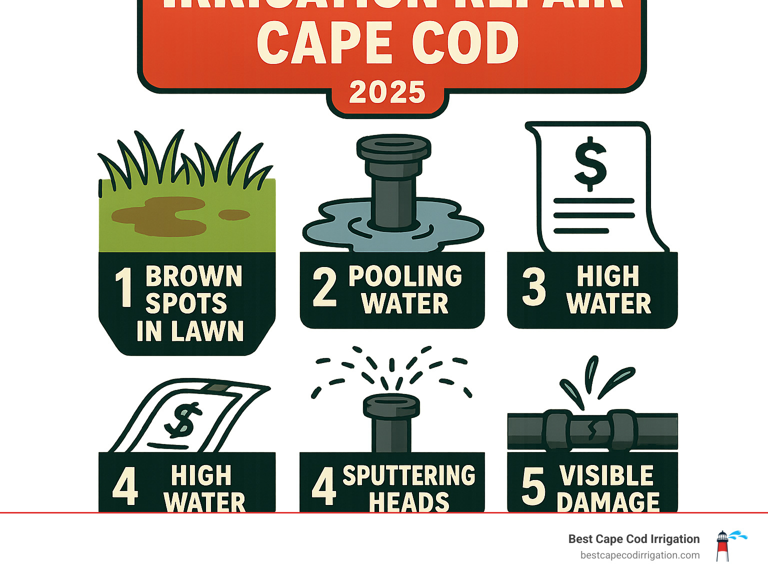 Infographic showing 5 common signs of broken irrigation systems: brown spots in lawn indicating uneven coverage, pooling water around sprinkler heads showing leaks, unusually high water bills from hidden system damage, sputtering or clogged sprinkler heads creating poor spray patterns, and visible damage to pipes or sprinkler components - Irrigation repair Cape Cod infographic 
