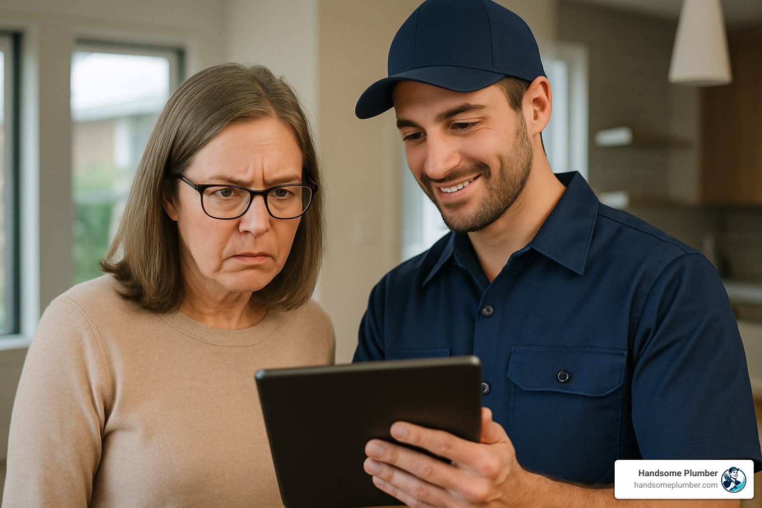 homeowner checking Handsome Plumber technician credentials on tablet - plumber near me same day