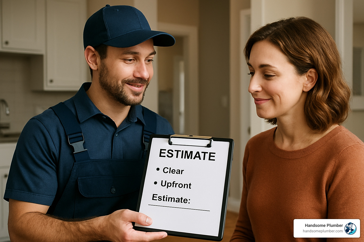 Handsome Plumber technician providing clear upfront estimate to homeowner - plumber near me same day