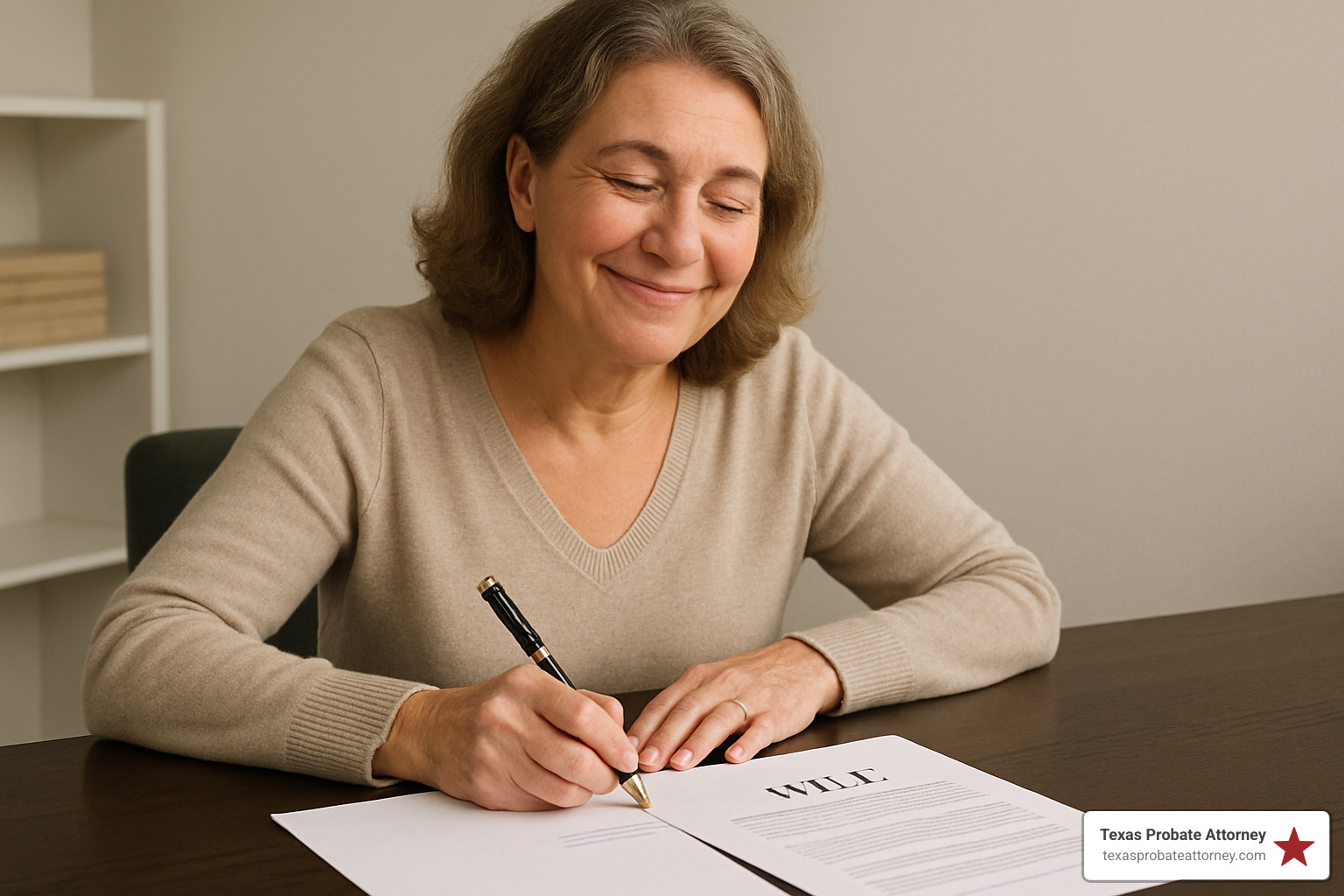person signing a will with a relieved expression, representing taking control of estate planning - What is intestate succession