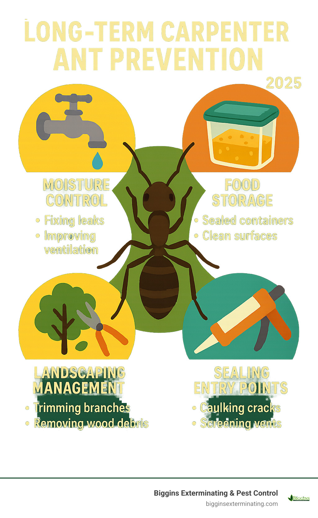 Infographic showing carpenter ant prevention methods: moisture control (fixing leaks, improving ventilation), food storage (sealed containers, clean surfaces), landscaping management (trimming branches, removing wood debris), and sealing entry points (caulking cracks, screening vents) - how to kill carpenter ants infographic