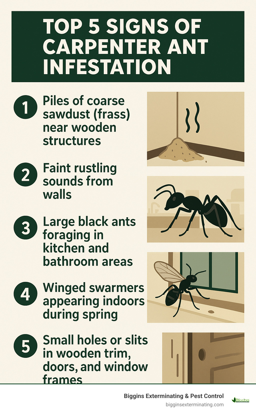 Detailed infographic showing the top 5 signs of carpenter ant infestation: 1) Piles of coarse sawdust (frass) near wooden structures, 2) Faint rustling sounds coming from walls, 3) Large black ants foraging in kitchen and bathroom areas, 4) Winged reproductive ants (swarmers) appearing indoors during spring, 5) Small round holes or slits in wooden trim, doors, and window frames - how to kill carpenter ants infographic