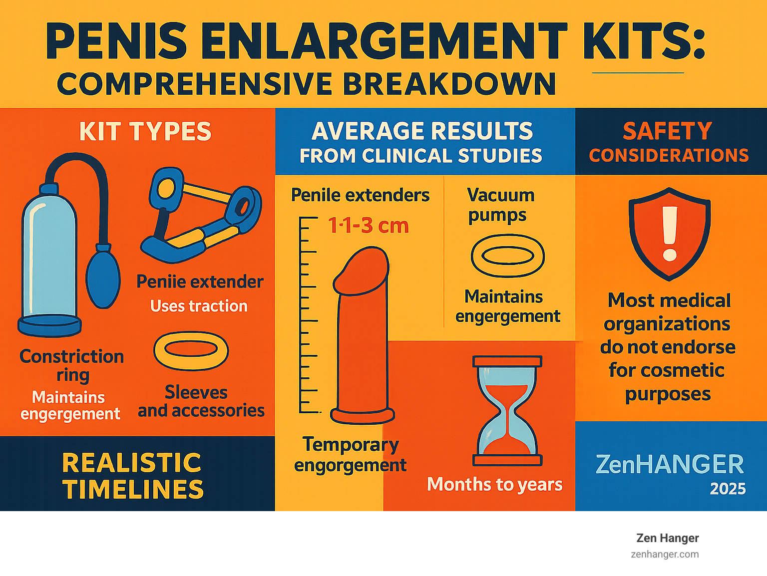 Comprehensive breakdown of penis enlargement kit types, average results from clinical studies, safety considerations, and realistic timelines for different improvement methods - penis enlargement kit infographic 