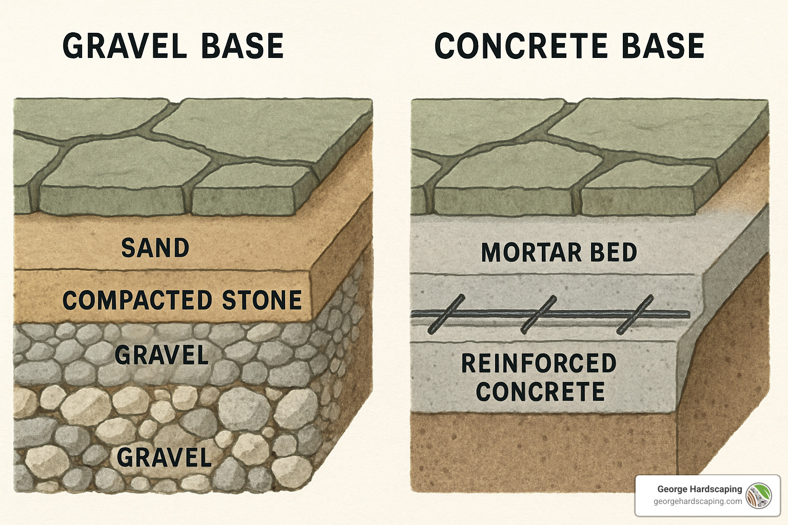 Cross-section diagram showing the difference between gravel base installation with layered stone and sand versus concrete base installation with reinforced concrete slab and mortar bed