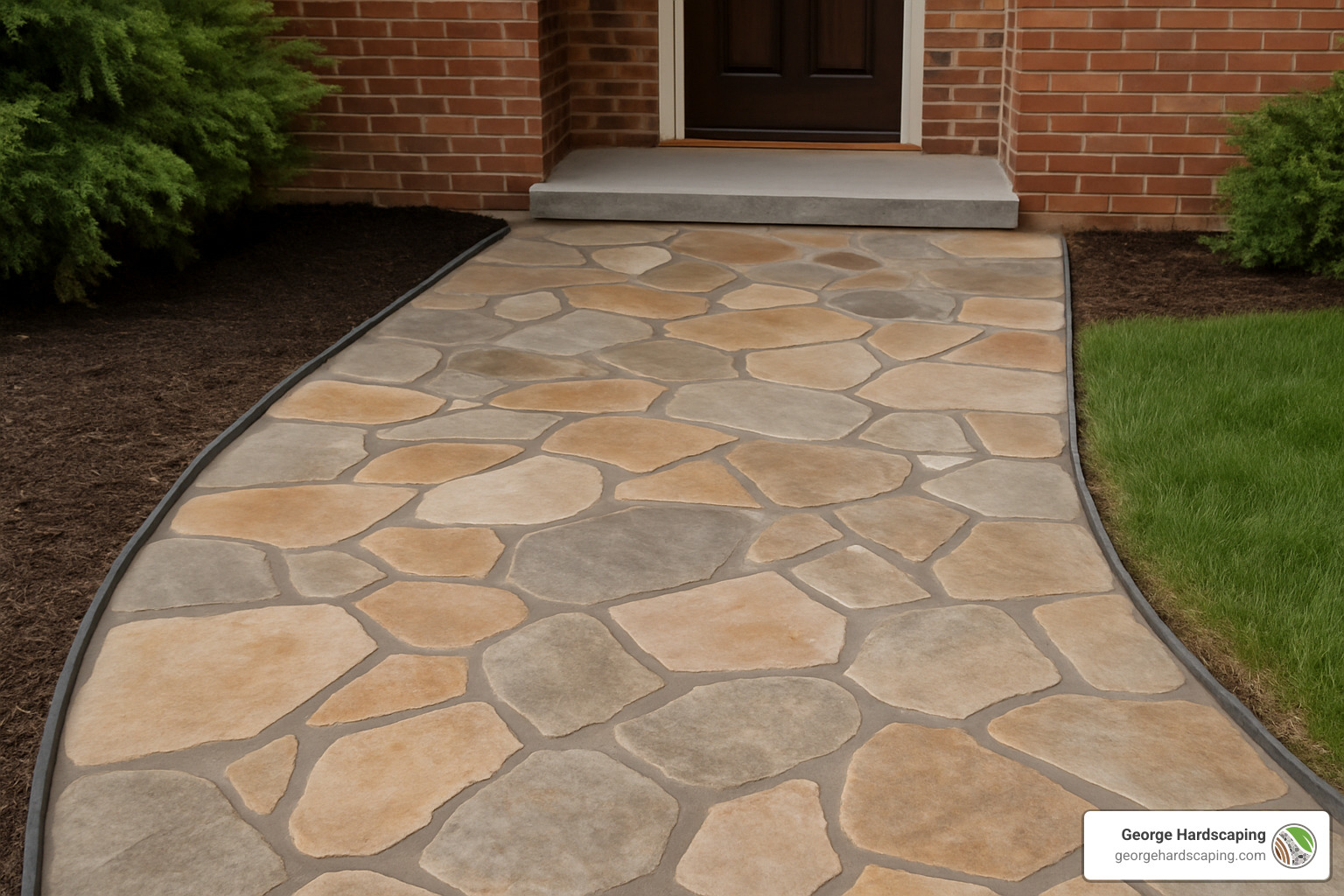 Completed flagstone walkway leading to an attractive front entrance, showing professional installation with neat joints and proper edging - base for flagstone walkway