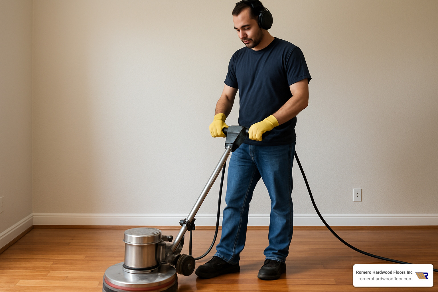 person safely operating a floor buffer on a hardwood floor - buff hardwood floor scratches