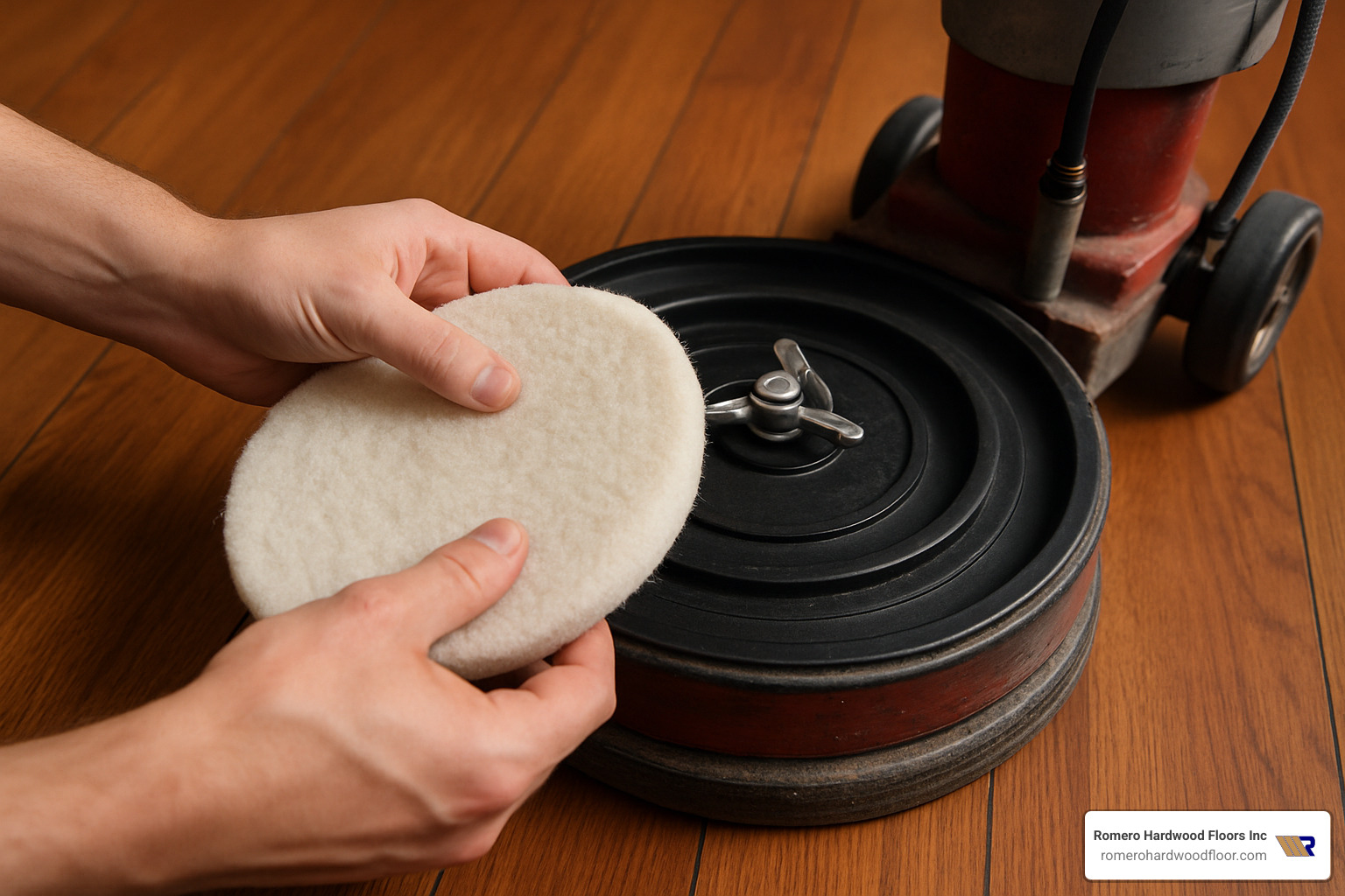 clean buffing pad being attached to the buffer - buff hardwood floor scratches