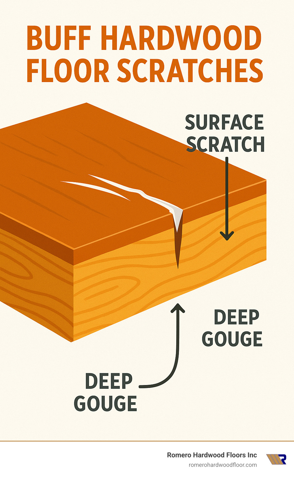 Infographic showing cross-section of hardwood floor with finish layer on top and wood underneath, illustrating surface scratches vs. deep gouges - buff hardwood floor scratches infographic