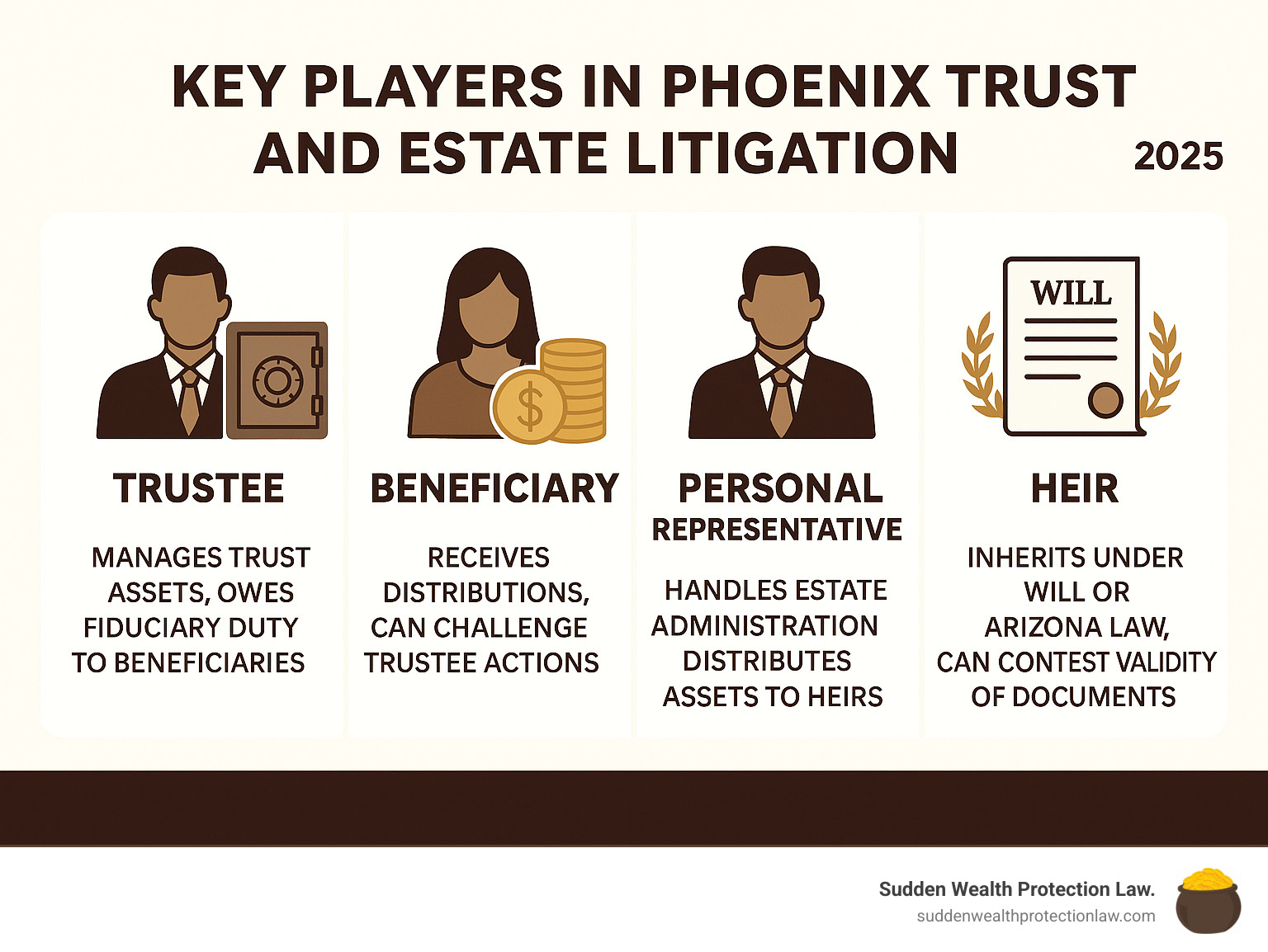 Infographic showing the main players in Phoenix trust and estate litigation: Trustee (manages trust assets, owes fiduciary duty to beneficiaries), Beneficiary (receives distributions, can challenge trustee actions), Personal Representative (handles estate administration, distributes assets to heirs), and Heir (inherits under will or Arizona law, can contest validity of documents) - trust and estate litigation phoenix infographic Infographic showing the main players in Phoenix trust and estate litigation: Trustee (manages trust assets, owes fiduciary duty to beneficiaries), Beneficiary (receives distributions, can challenge trustee actions), Personal Representative (handles estate administration, distributes assets to heirs), and Heir (inherits under will or Arizona law, can contest validity of documents) - trust and estate litigation phoenix infographic