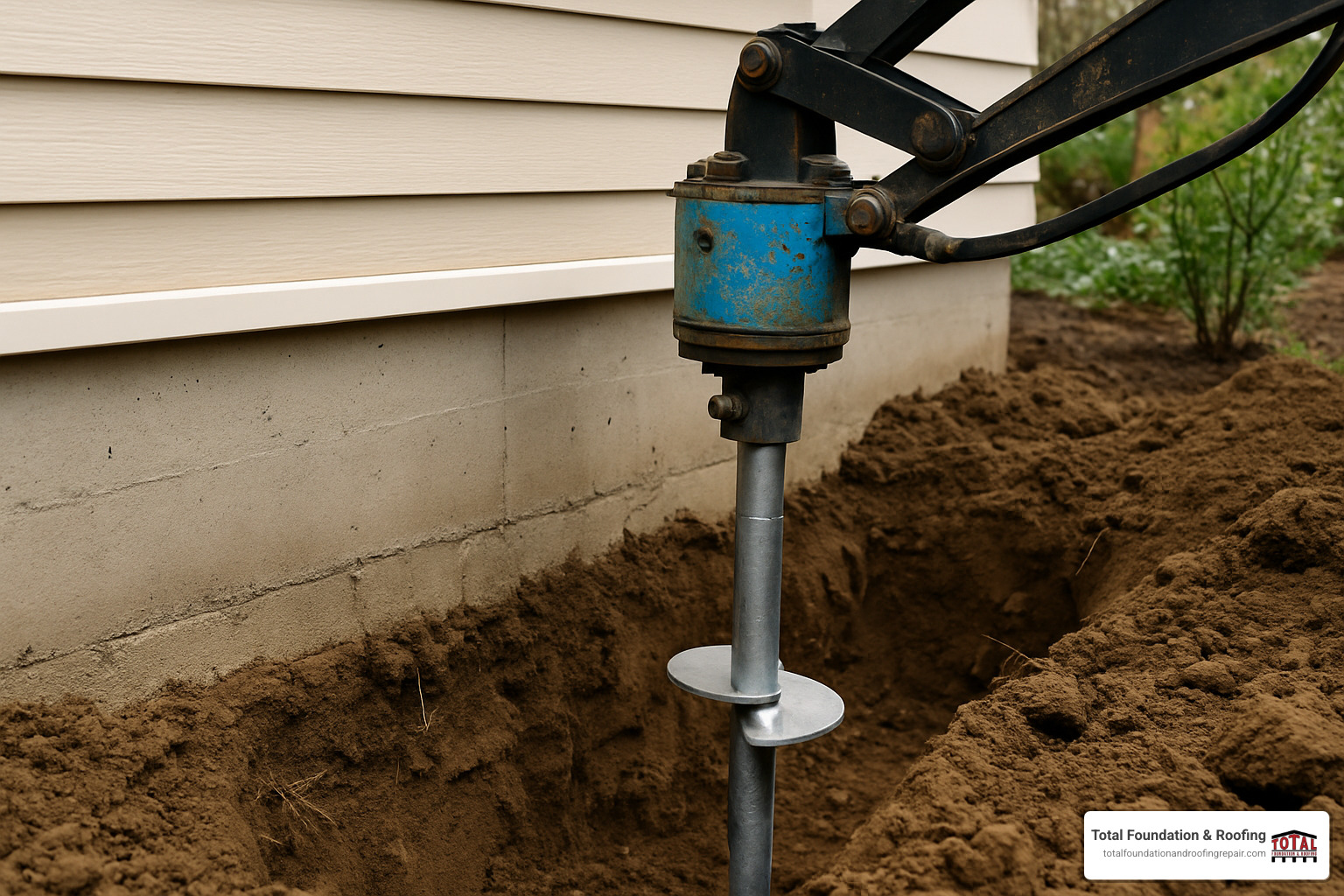 helical pier being installed to support a foundation - Fredericksburg foundation repair contractors