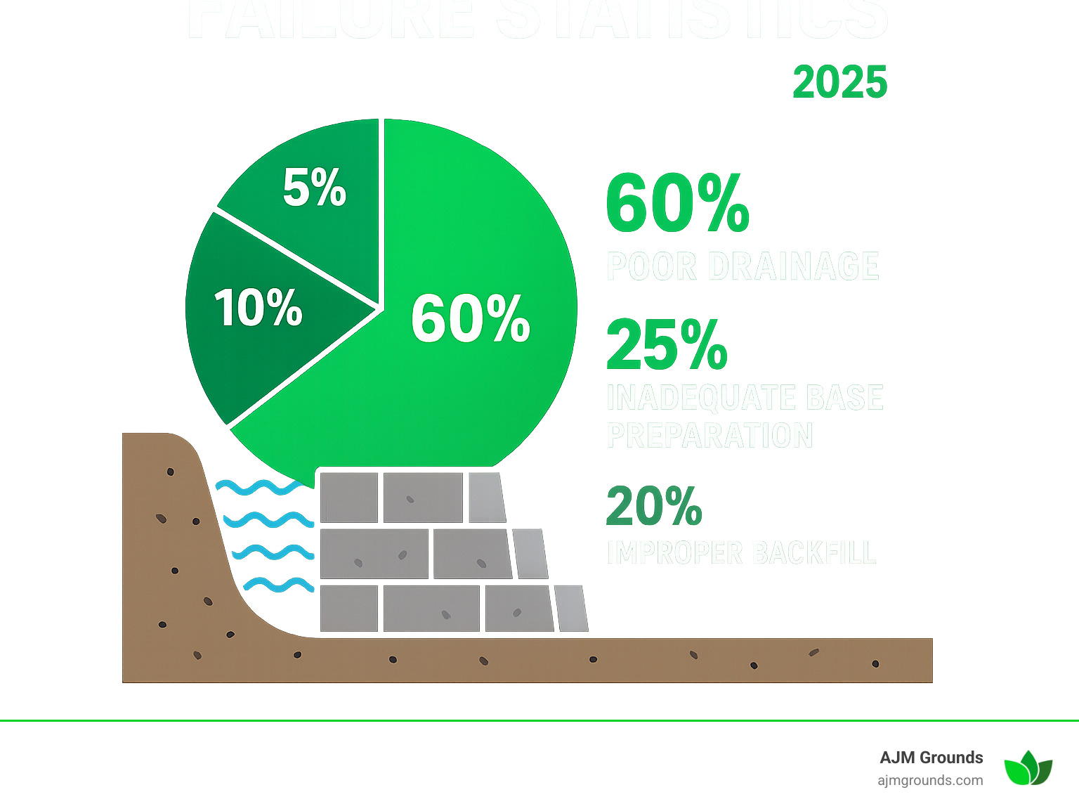 Infographic showing retaining wall failure statistics: 60% of failures due to poor drainage, 25% due to inadequate base preparation, 10% due to improper backfill, 5% due to other factors - installing landscape blocks infographic 