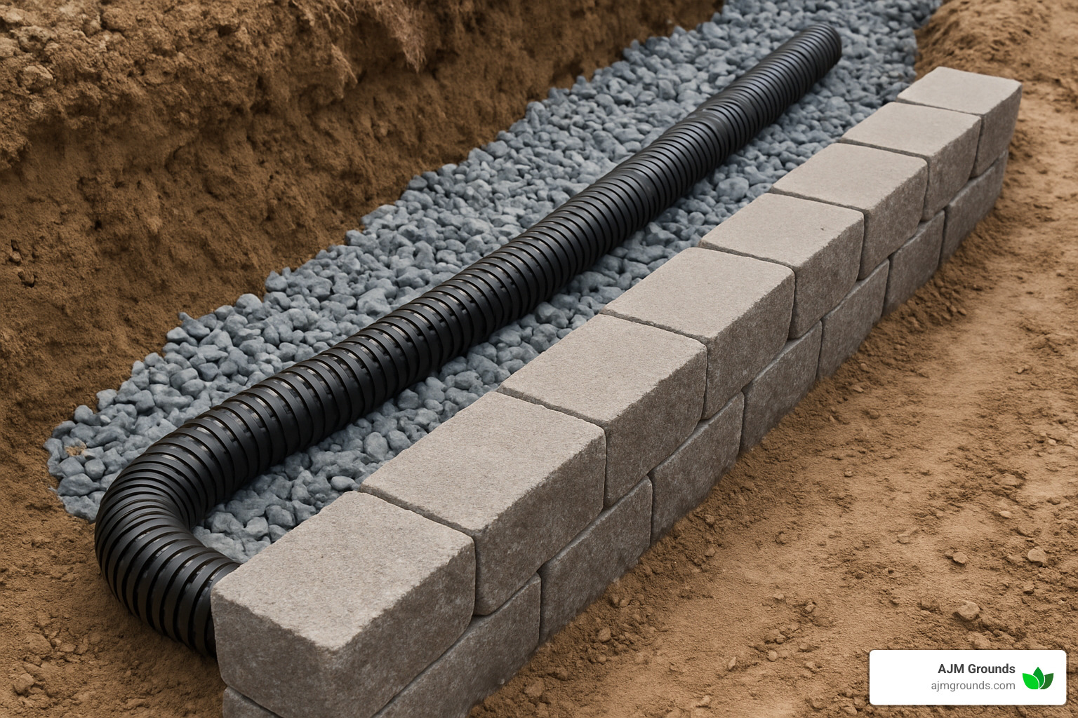 perforated drain pipe being installed behind the first course, surrounded by crushed stone - installing landscape blocks