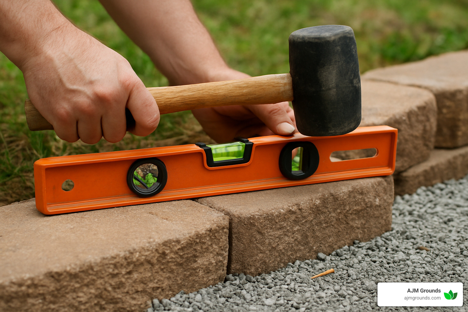 person carefully leveling the first course of blocks with a torpedo level and rubber mallet - installing landscape blocks