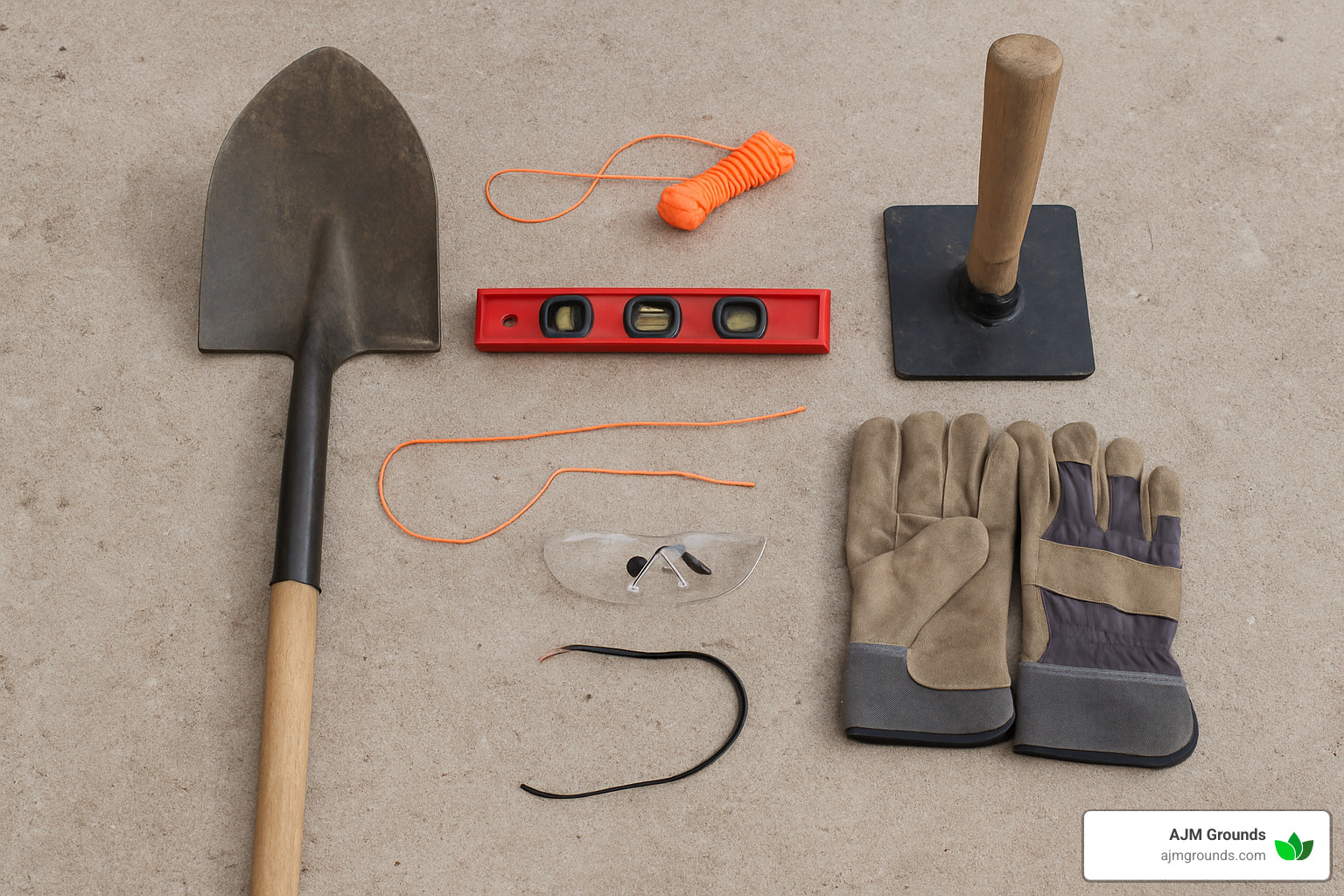 essential tools for building a retaining wall laid out: shovel, level, tamper, string line, safety glasses, gloves - installing landscape blocks