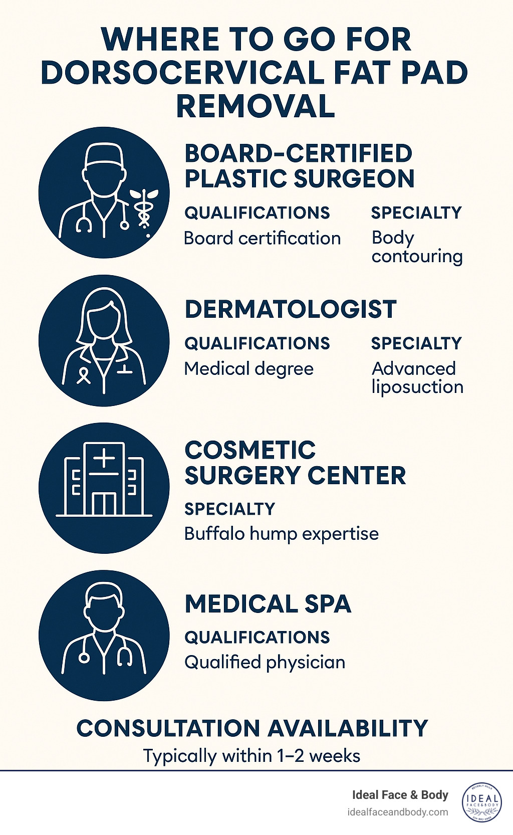 Comprehensive guide showing types of providers for dorsocervical fat pad removal including board-certified plastic surgeons, dermatologists, cosmetic surgery centers, and medical spas with their typical qualifications, specialties, and consultation timeframes - dorsocervical fat pad removal near me infographic 