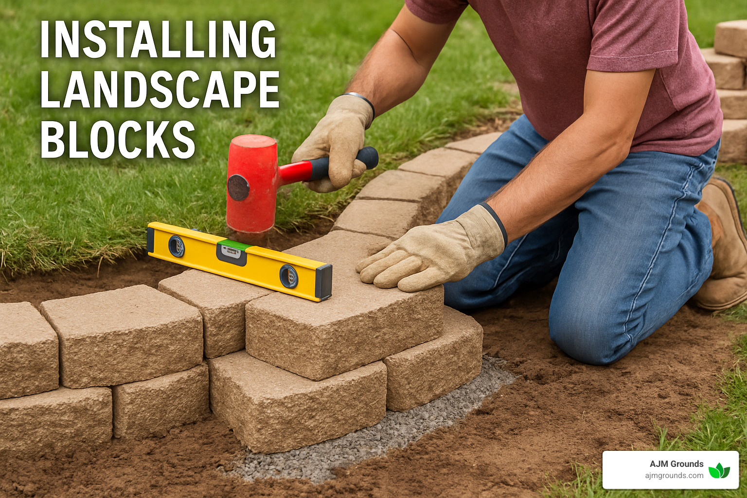 construction adhesive being applied to the top course before placing capstones - installing landscape blocks