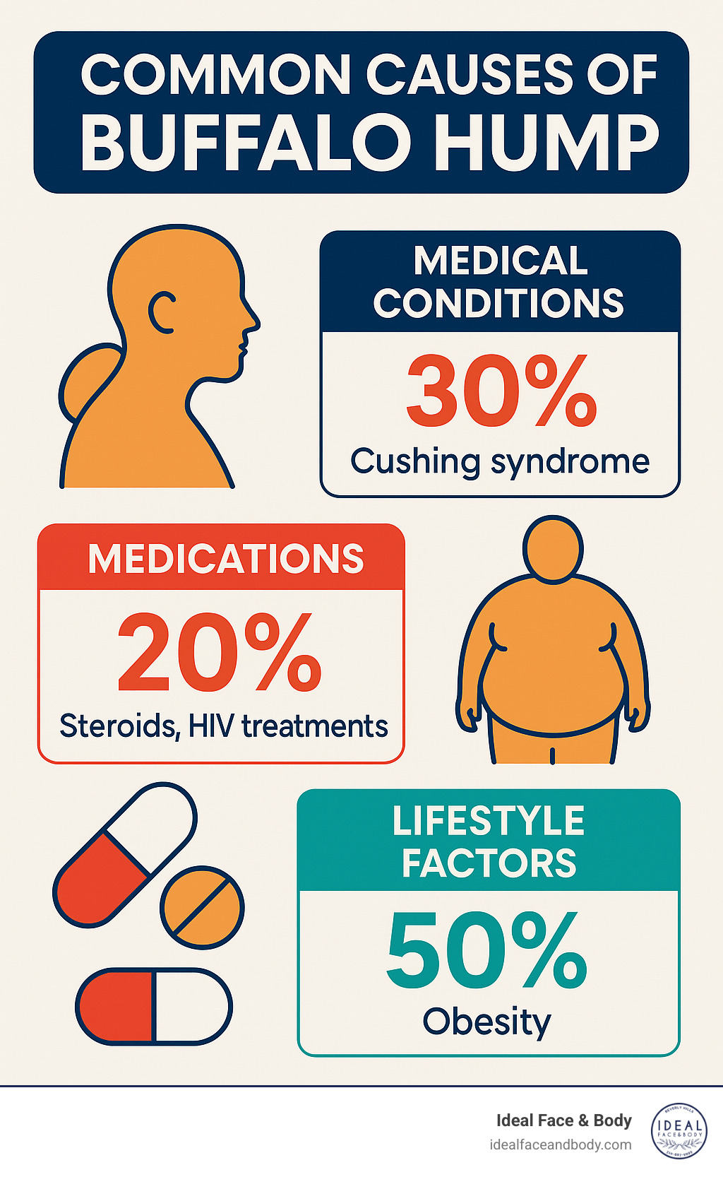 Common causes of buffalo hump including medical conditions like Cushing syndrome, medications like steroids and HIV treatments, and lifestyle factors like obesity, shown with percentages and visual representations - dorsocervical fat pad removal near me infographic 