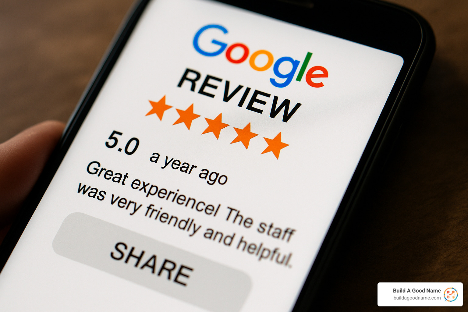 phone showing the Share button on a Google review - sharing google reviews on social media