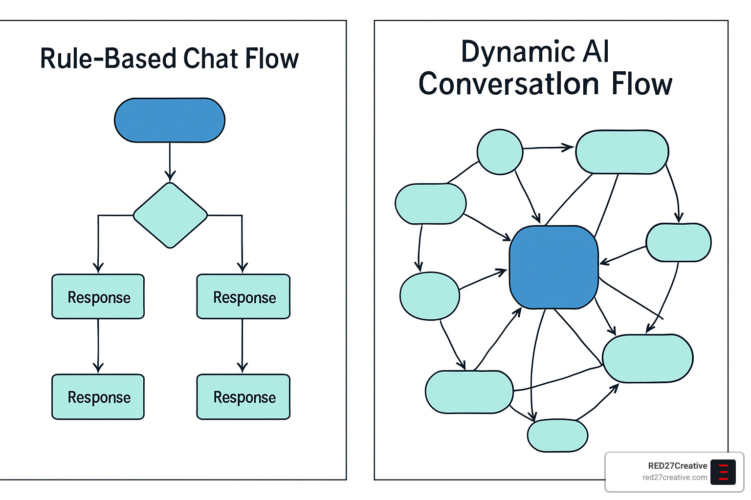 AI Chatbot Solutions That Mean Business (Literally) • AI Chatbot Solutions for Businesses • RED27Creative Comparison diagram showing simple rule-based chat flow versus dynamic AI conversation flow - AI Chatbot Solutions for Businesses