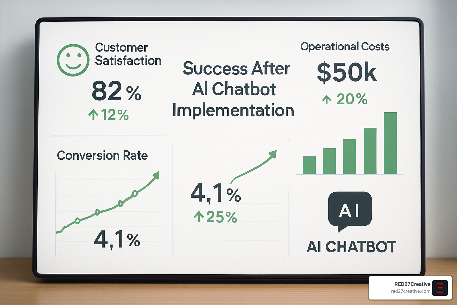 AI Chatbot Solutions That Mean Business (Literally) • AI Chatbot Solutions for Businesses • RED27Creative Dashboard showing positive business metrics after chatbot implementation - AI Chatbot Solutions for Businesses