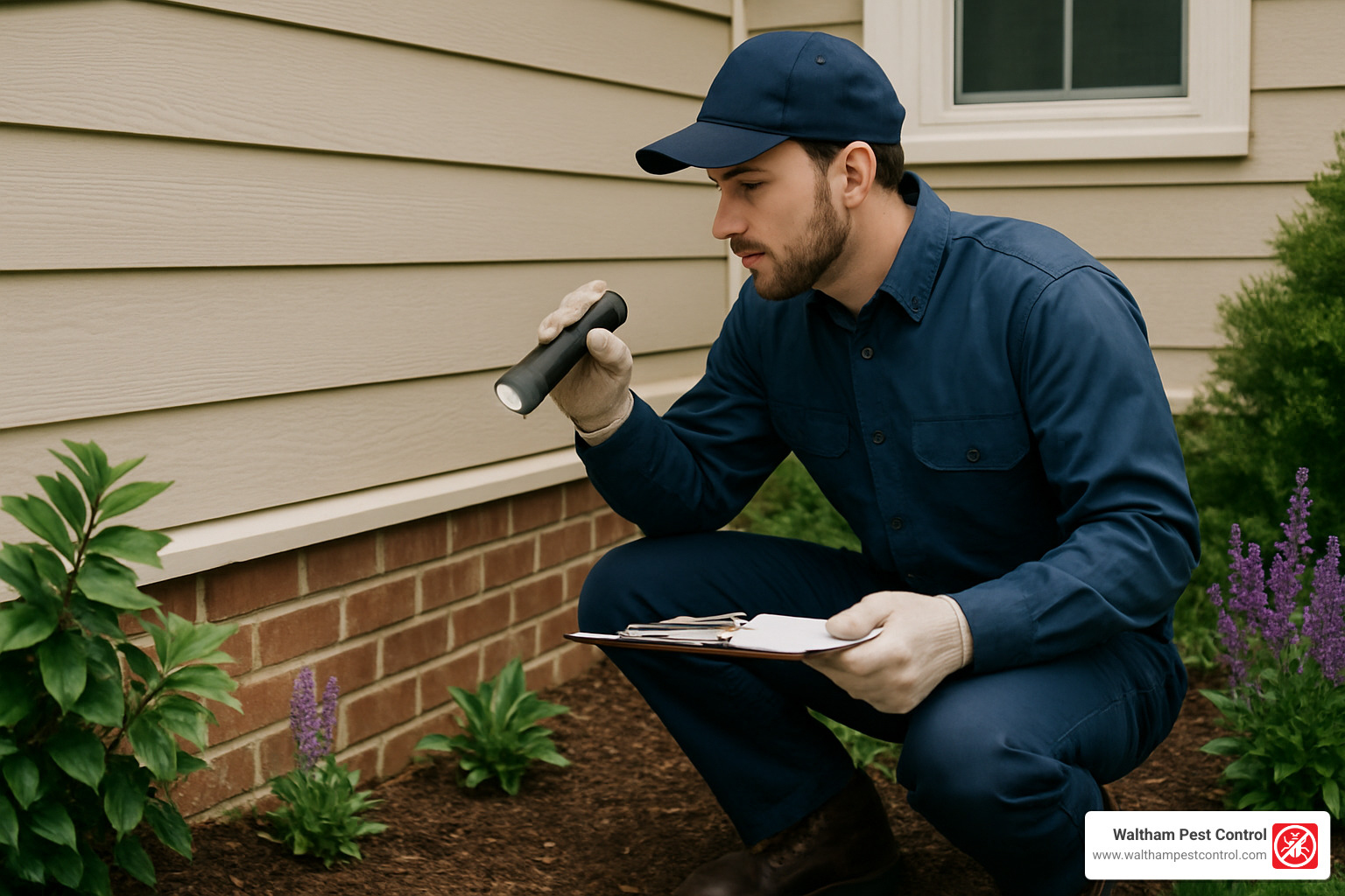 Professional pest control technician in uniform inspecting the exterior foundation of a home near a landscaped garden bed with clipboard and flashlight - carpenter ants in garden bed