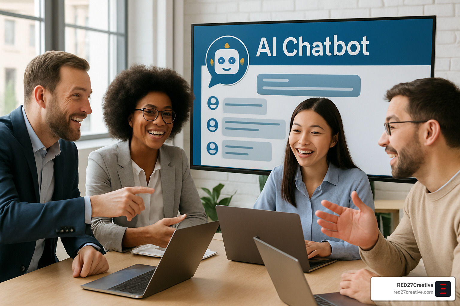 AI Chatbot Solutions That Mean Business (Literally) • AI Chatbot Solutions for Businesses • RED27Creative Team collaborating successfully with AI chatbot - AI Chatbot Solutions for Businesses