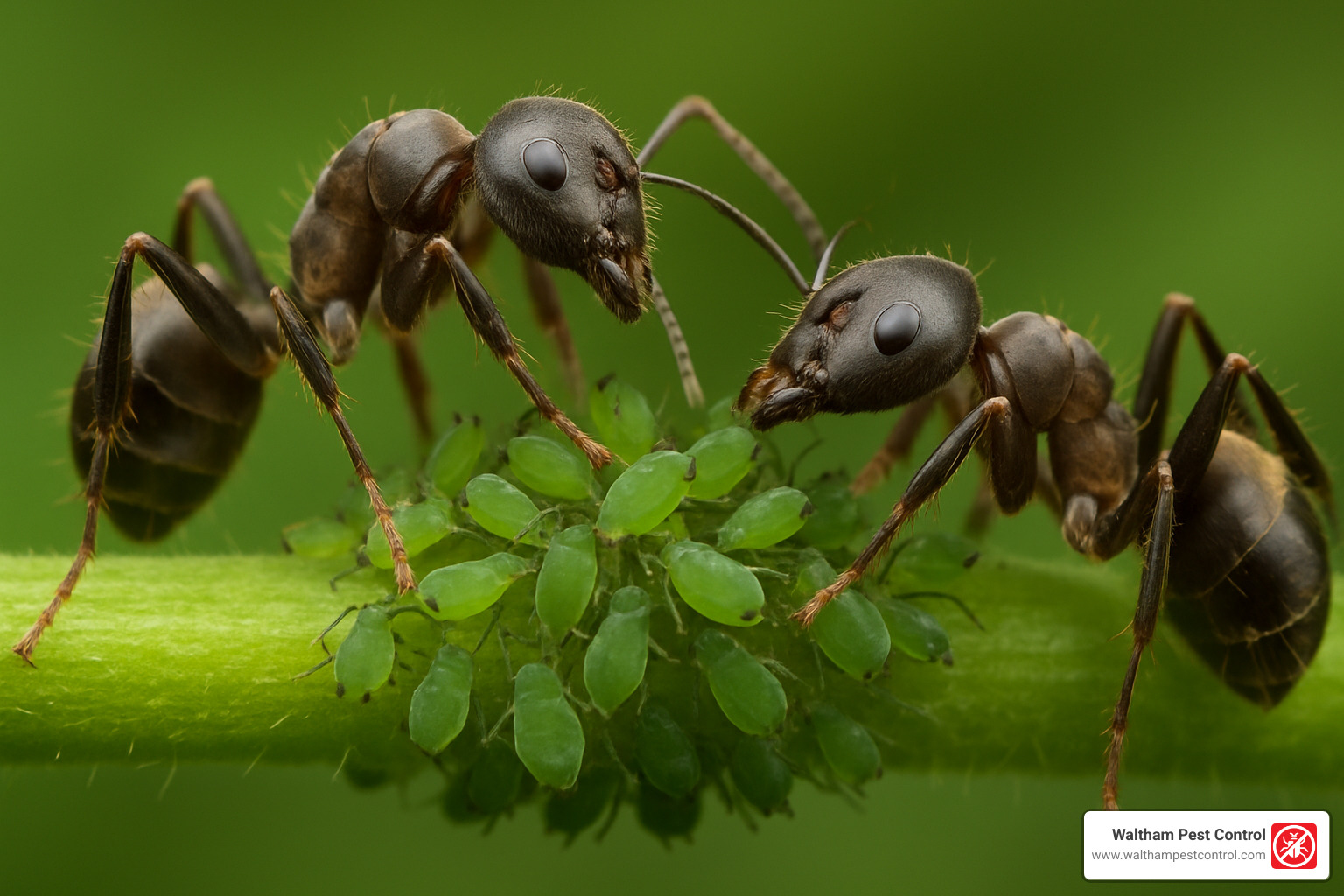 Carpenter ants tending to a cluster of green aphids on a plant stem, with ants touching the aphids with their antennae while protecting them from predators - carpenter ants in garden bed
