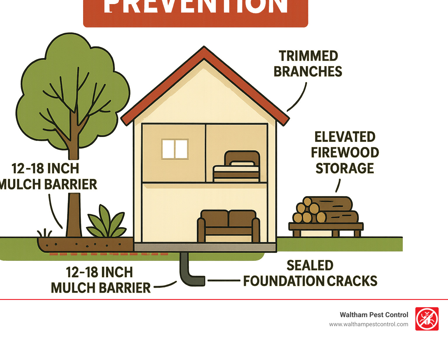 Infographic showing a house cross-section with prevention measures: 12-18 inch mulch barrier, sealed foundation cracks, trimmed branches, proper drainage, and liftd firewood storage - carpenter ants in garden bed infographic 
