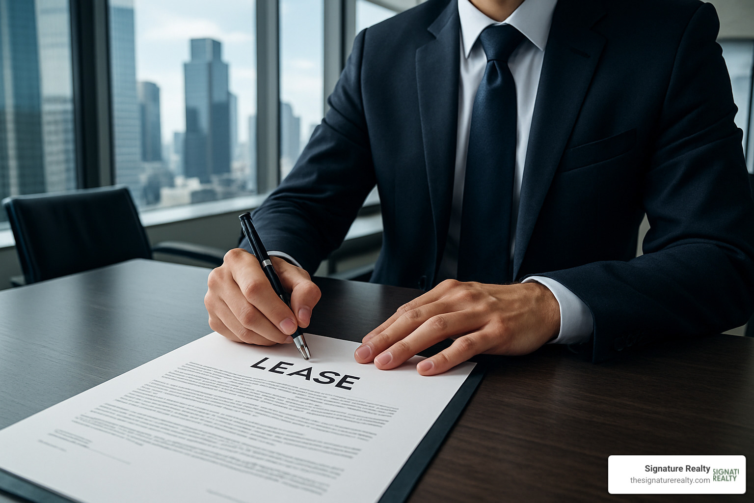 Business professional in a suit signing a lease document at a modern conference table with city views in the background - Broward County office space for lease