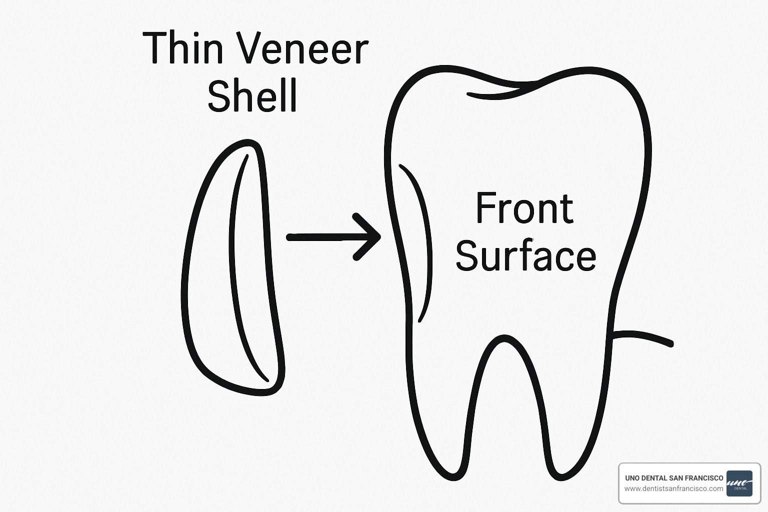 diagram showing a thin veneer shell being placed over the front surface of a tooth - dental insurance that covers veneers