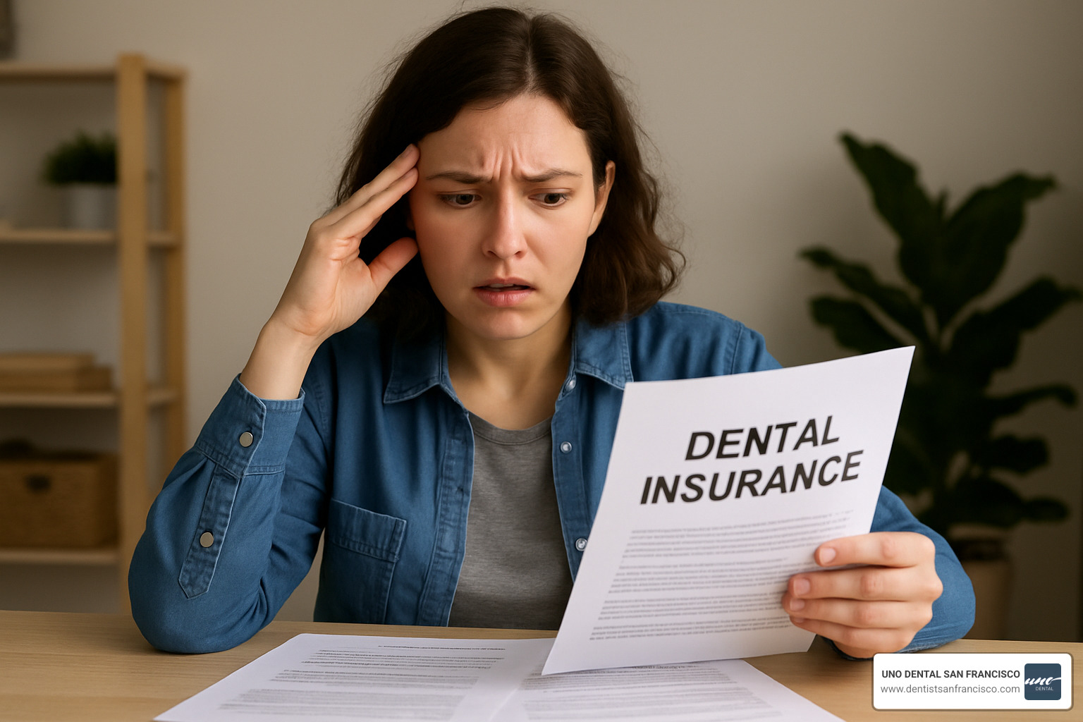 person looking confused while reviewing dental insurance paperwork - dental insurance that covers veneers