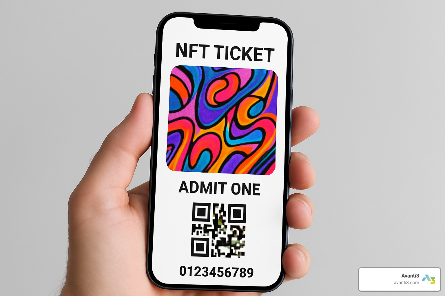 digital NFT ticket on a smartphone screen with unique art - Blockchain based ticketing