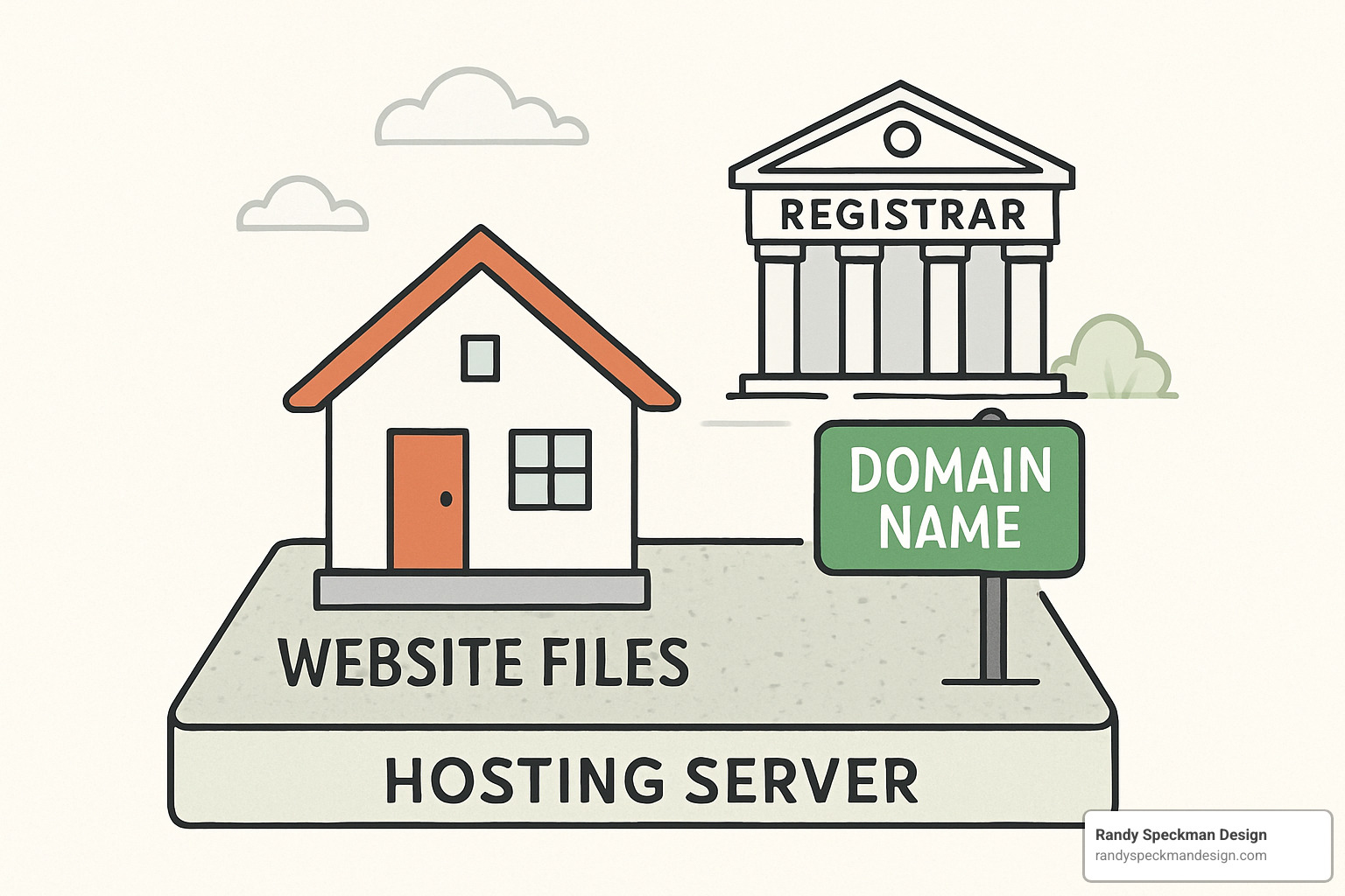 diagram showing a house (website files) on a plot of land (hosting server) with a street address sign (domain name) managed by a city hall (registrar) - how to find the domain provider of a website